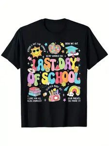 Happy Last Day Of School Teacher Grad Hello Summer T-Shirt, Fashionable Cotton Top Short Sleeve, Street Style Short T-shirt, Comfortable Suitable for Men'S T-shirt, Crew Collar T-shirt, Super Soft, Breathable, Moisture Absorbent, Men'S Gift