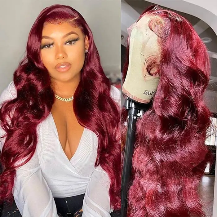 Women's Burgundy Body Wave Human Hair Lace Front Wig, 13X6 HD Transparent Lace Frontal with Baby Hair, HD Frontal Wig
