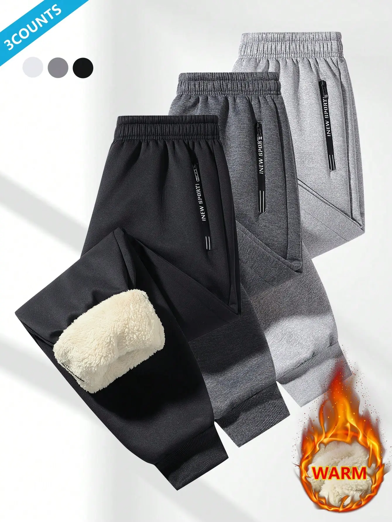 3 men's casual wool pants with leg tie design and zipper pockets, lined with thick cashmere, warm and comfortable to wear, both warm and comfortable. Men's Clothing Beige Simple Sports Pants Men's Pants Menswear Trouser winter fleece pant