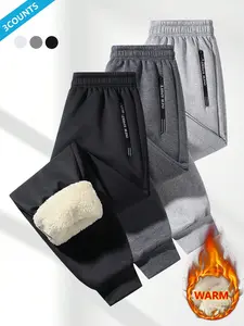 Men's Casual Wool Pants with Drawstring Adjustment Leg Straps Zippered Pockets Lined with Thick Fleece for Warmth and Comfort