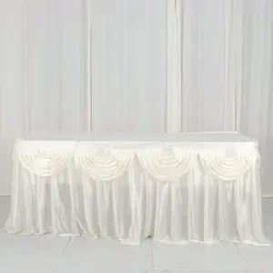 Satin Table Skirt - 14ft Ivory Pleated Double Drape Cover, Table Covering for Party Decor, Jewellery Shows Display, Proms