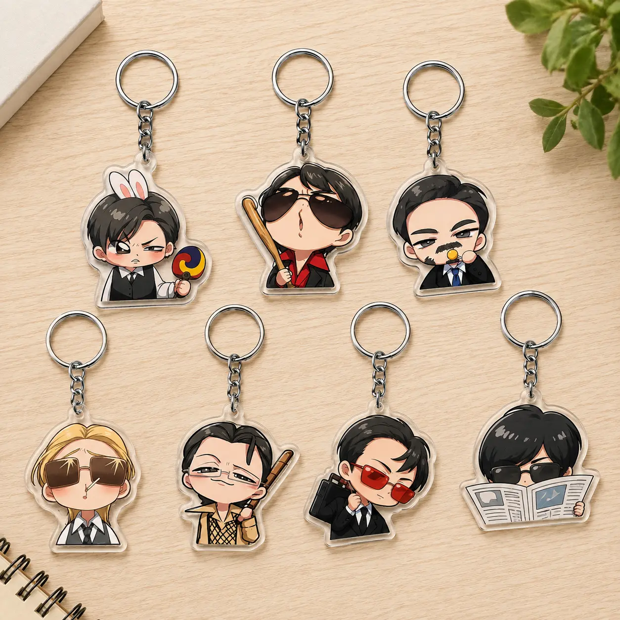 Chibi acrylic keychain with metal ring for backpack, bag and K-pop fan gift, keychain collection with 7 cute character designs
