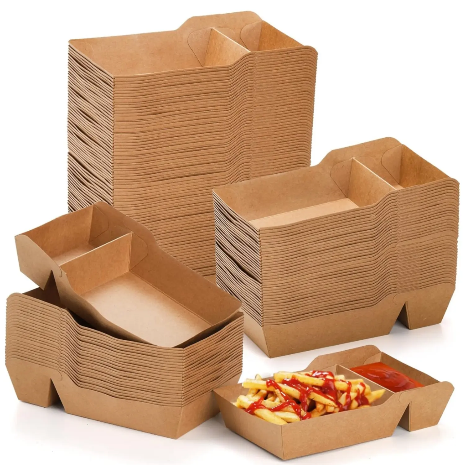 100PCS Food Serving Tray, 2 Compartment Disposable Kraft Nacho Boat Tray, Grease Resistant Heavy Duty Paperboard, Take Out Fast Food Snack Holder Container for Party