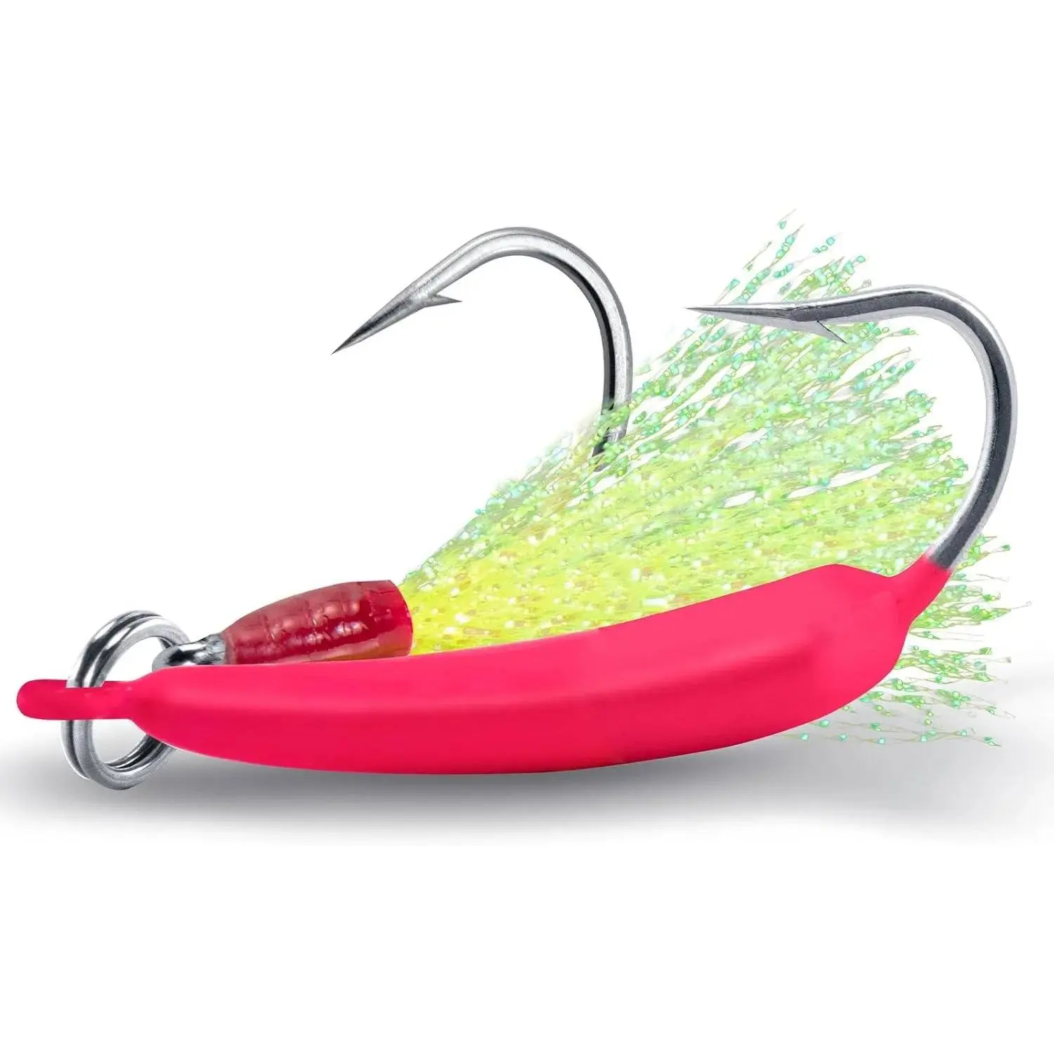 5-Pack Banana Shape Saltwater Fishing Lures with Teaser Rings, Durable High-Carbon Steel Hooks, Surf Fishing Jig Heads, Powder Coated High-Visibility Flash Hair for Beach Angling