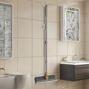 3 in 1 Stiff Bristle Floor Scrubber Brush with Long Handle - Squeegee & Tweezer for Bathroom Patio Garage Kitchen Cleaning