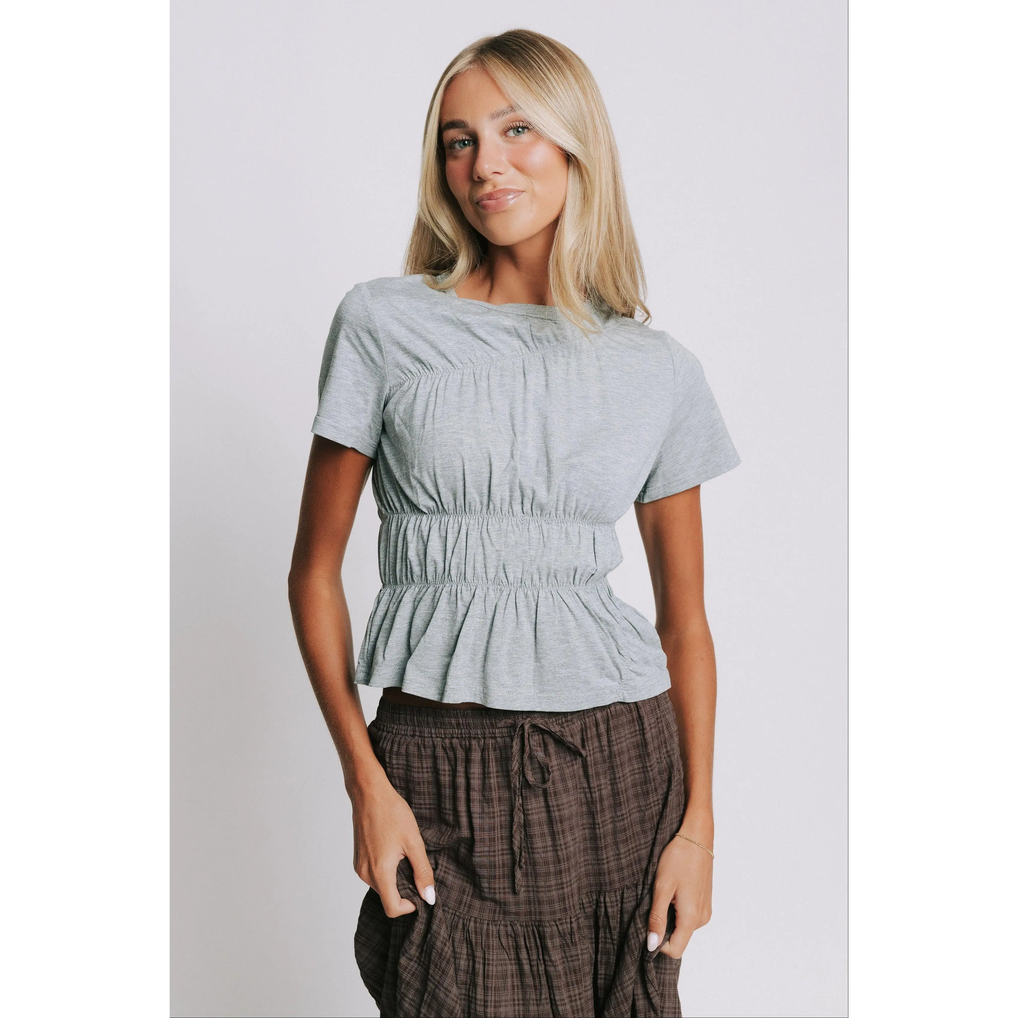 Women's Fitted Crew Neck Short-Sleeve Top - Asymmetrical Smocked Detail, Heather Grey, Stretch Rayon-Cotton Blend Fabric, Comfy Casual Blouse, Expandable, Hand Wash Only, Stretch Fabric