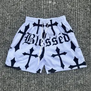 Vintage Blessed Cross Graphic Casual Street Mesh Shorts