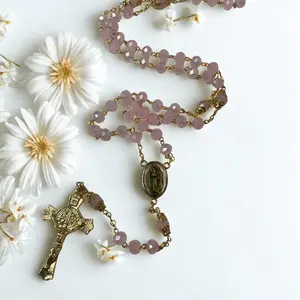 Our Lady of Guadalupe Gold Pleated Rosary with Light Pink Beads and Elegant Design for Devotional Use