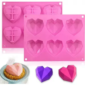 Cake Candy Molds Trays 1 Pack,H HOME-MART 3D Diamond Heart Silicone Cake Candy Mould for Chocolate, 6 Cavities Easy Demold Heart Shaped Silicone Mold Cake Mold Baking Mold