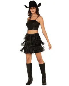 Fornia Women's Rhinestone Fringe Faux Suede Mini Skirt - Frng-Rhn-Blk