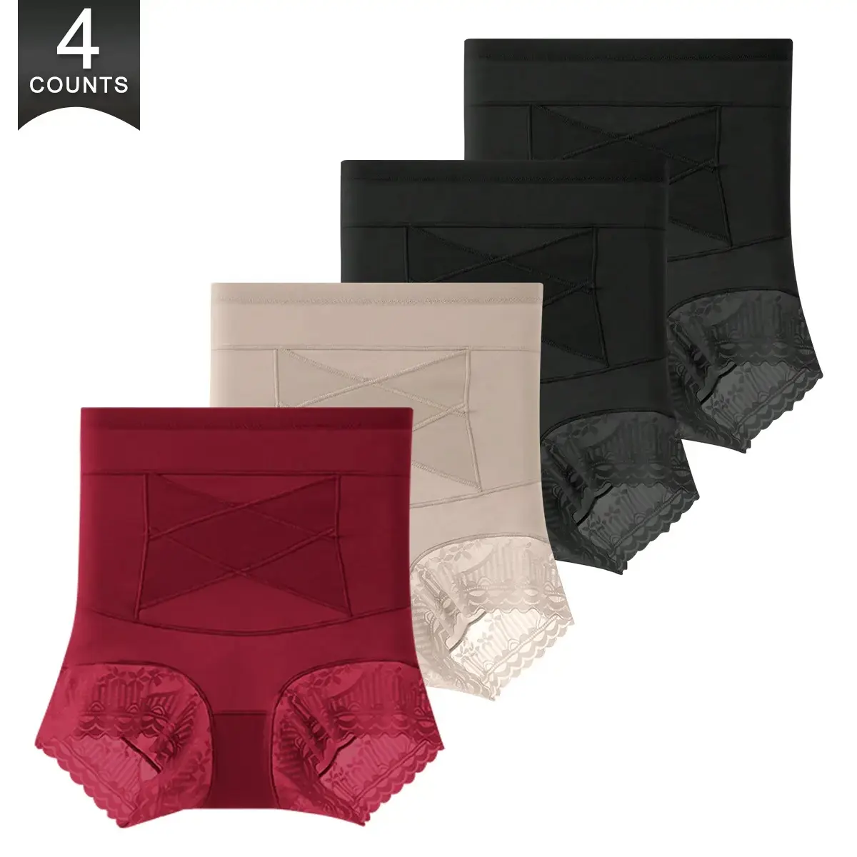 4 Pack Women's Lace Briefs, High Waisted Solid Elastane Panties with Crisscross Tummy Control, Butt Lifting Compression, High Elastic, Tummy Lift