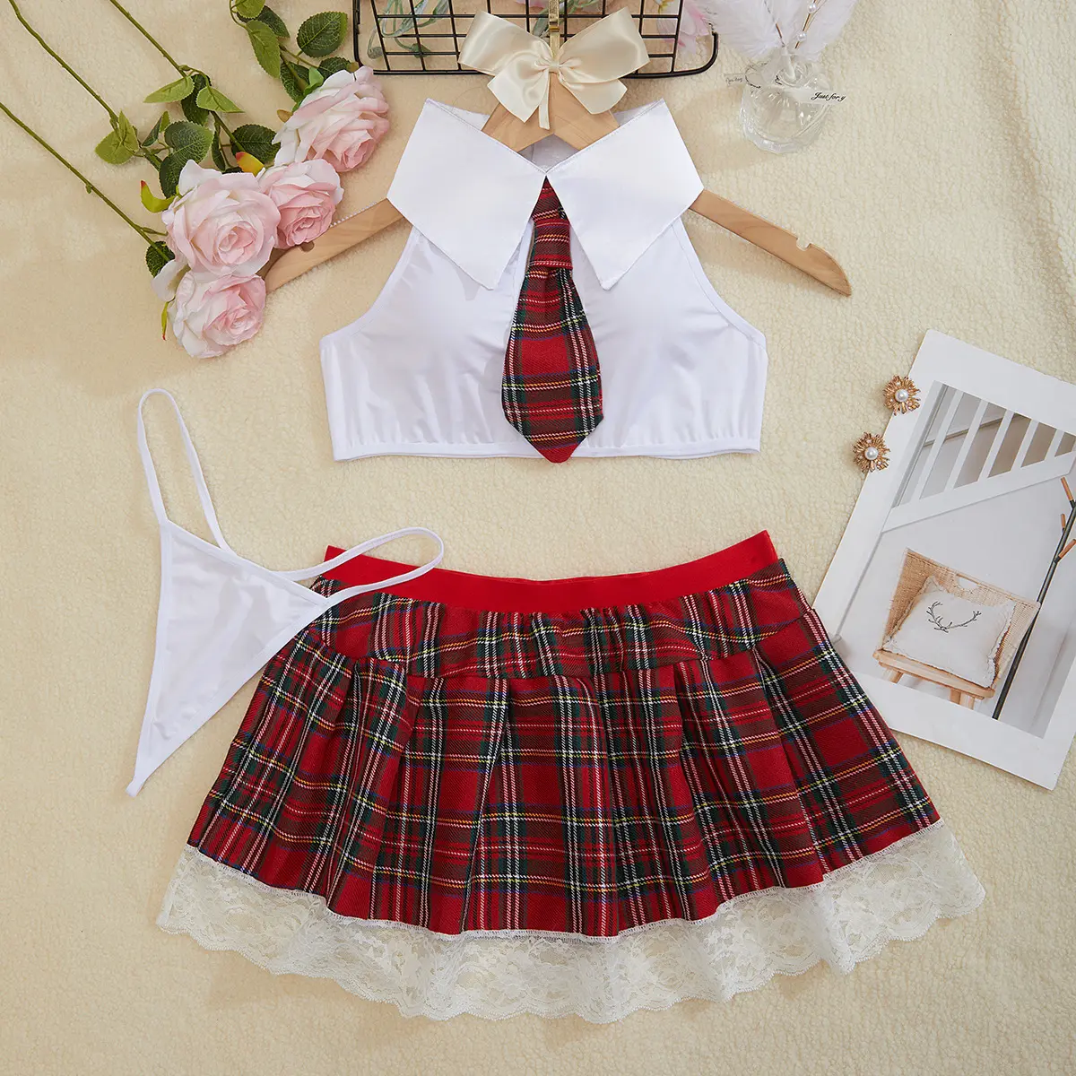 Women’s 2-Piece Plaid Print Role-Play Outfit Set - Tie-Detail Crop Top & Mini Length Skirt, Halloween Costume for Parties, Trendy Themed Clothes Witchy Fairycore Style White