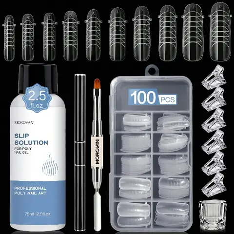 MOROVAN 2.5oz/75ml Polygel Slip Solution Kit - Anti-Stick Gel Liquid, Dual-Ended Brush, 100PCS Forms for Polygel/Acrylic Nails, Oval/Middle Length Control, 24-Month Use, Beginner Nail Care Manicure Equipment