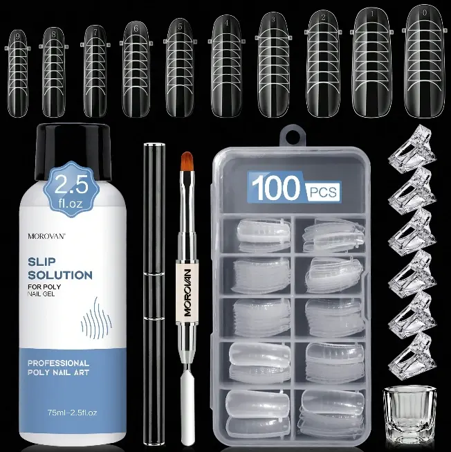 MOROVAN 2.5oz 75ml Slip Solution Kit for Poly Gel - Nail Tech Equipment with Nail Froms Anti-Stick Gel Liquid with Dual-Ended Brush 100PCS Nail Forms for Beginner