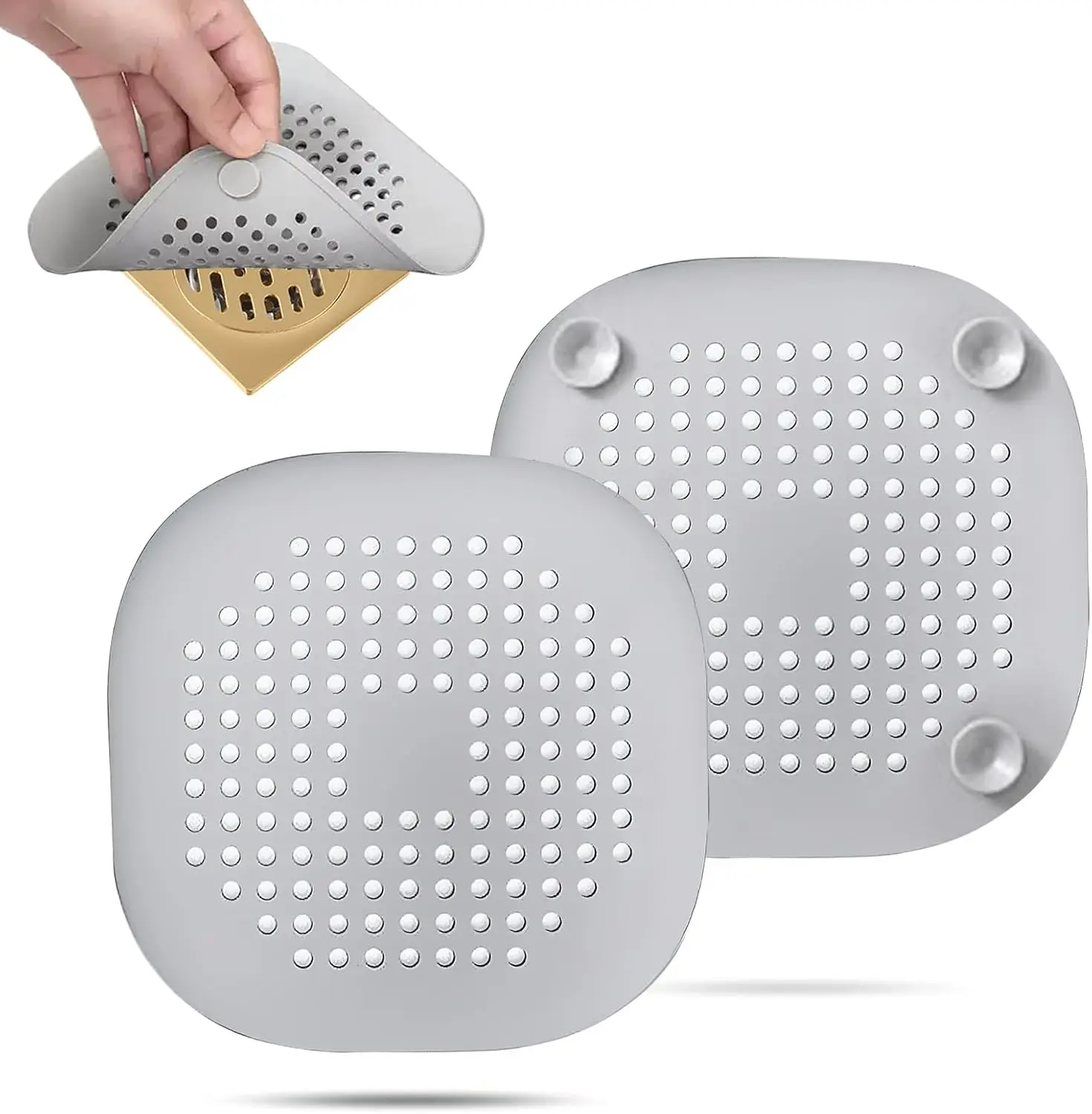 2-Pack Silicone Rubber Bathroom Shower Hair Drain Catcher, Square Anti-Slip Grip Suction Cup Cover, Durable Easy-Installation Bathtub Drain Protector (Silver Grey)