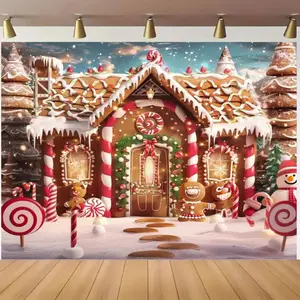 1pc Polyester 2D Flat Winter Holiday Photo Backdrop-Banners, Gingerbread House, Candy Cane, Dessert, Cake, Tree Decor for Birthday Party, Family Dinner Photography