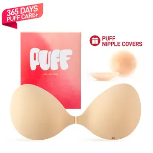 PUFF Adhesive Bra – No.1 Push-up Sticky Bra, Waterproof & Sweat-proof Invisible Bra, Reusable Silicone Adhesive Bra for Women, Includes Storage Board & Replaceable Pads