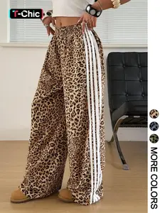 1 Piece Leopard Print Side Stripe Wide Leg Pants, Spring Summer Fall All-Season Wear, Elastic High Waist Loose Fit Trousers for Women, Y2K Streetwear, Casual Comfy Baggy Pants for Daily/Street Style, Casual Palazzo Pants, Casual Fashion Pants