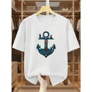 Men's marine and sailing Graphic T-Shirt - Short Sleeve Crew Neck Regular Fit Casual Wear | Soft & Breathable Fabric, Durable Print, Everyday Comfort, Machine Washable, nautical and cartoonish illustration casual indoor clothing display in a modern