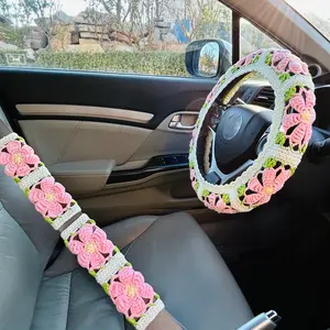 Crochet Car Steering Wheel Cover & Seat Belt Cover, Handmade Crochet Car Interior Decoration, Car Interior Accessory, Car Accessories for Women & Girls