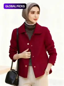 Women's Elegant Long Sleeve Wool Blend Coat Button Front Jacket, Casual Fitted Design with Pockets, Spring & Fall Fashion Outerwear for Muslim Ladies, Solid Color Jacket