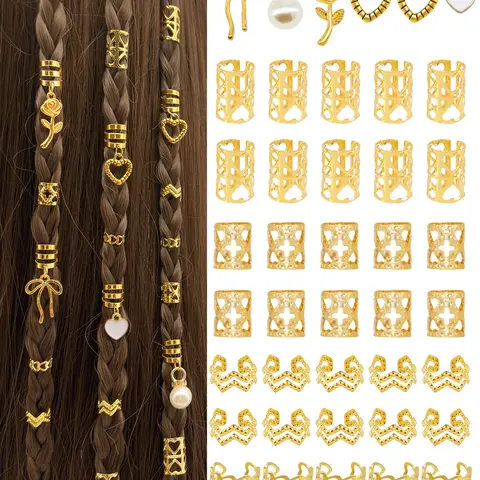 46pcs DIY Heart-Shaped Hair Ring Accessories Set, Adjustable Fashion Simple Design Dreadlocks Beads, Summer Suitable for Women Dating Valentines, Date, Hair Decorations, Versatile Accessory