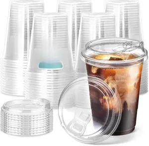 Fit Meal Prep 50 Pack 16 oz Clear Plastic Cups with Strawless Sip Lids, Disposable Plastic Coffee Cups with Lids, To Go Cups for Iced Coffee, Smoothies, Soda, Party Drinks, Bubble Tea, Cold Beverage
