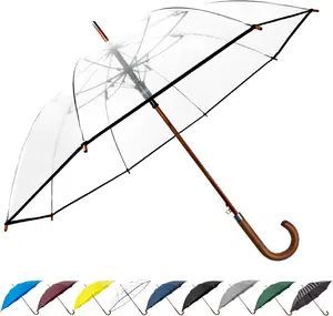 48" Clear Bubble Umbrella  Large Transparent Umbrella for Rain, Windproof & Automatic Open, Wedding Umbrellas for Women & Men,  Stick Cane with Wooden Handle(Clear)