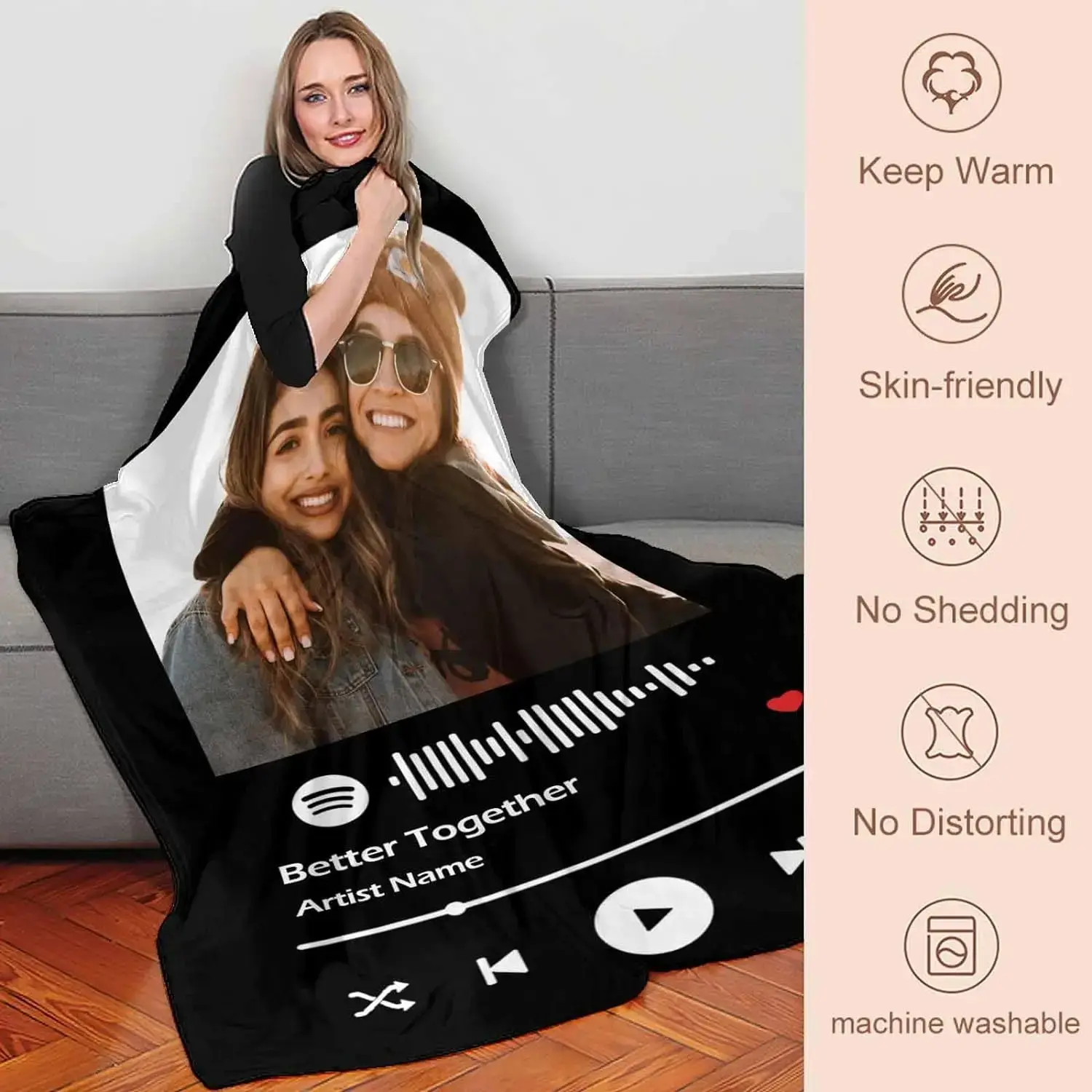 Personalized Throw Blanket Customized with Photo & Music Code, Custom Print Soft Warm Decor Blanket, Sentimental Keepsake Gift for Lover, Family and Friends for Birthday, Valentine’s Day and Christmas