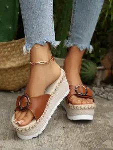 2026 Summer Platform Boho Style Wedge Sandals for Women, Buckle Espadrille Slides, PU Leather Upper, Rubber Sole, Less Than Ankle Height
