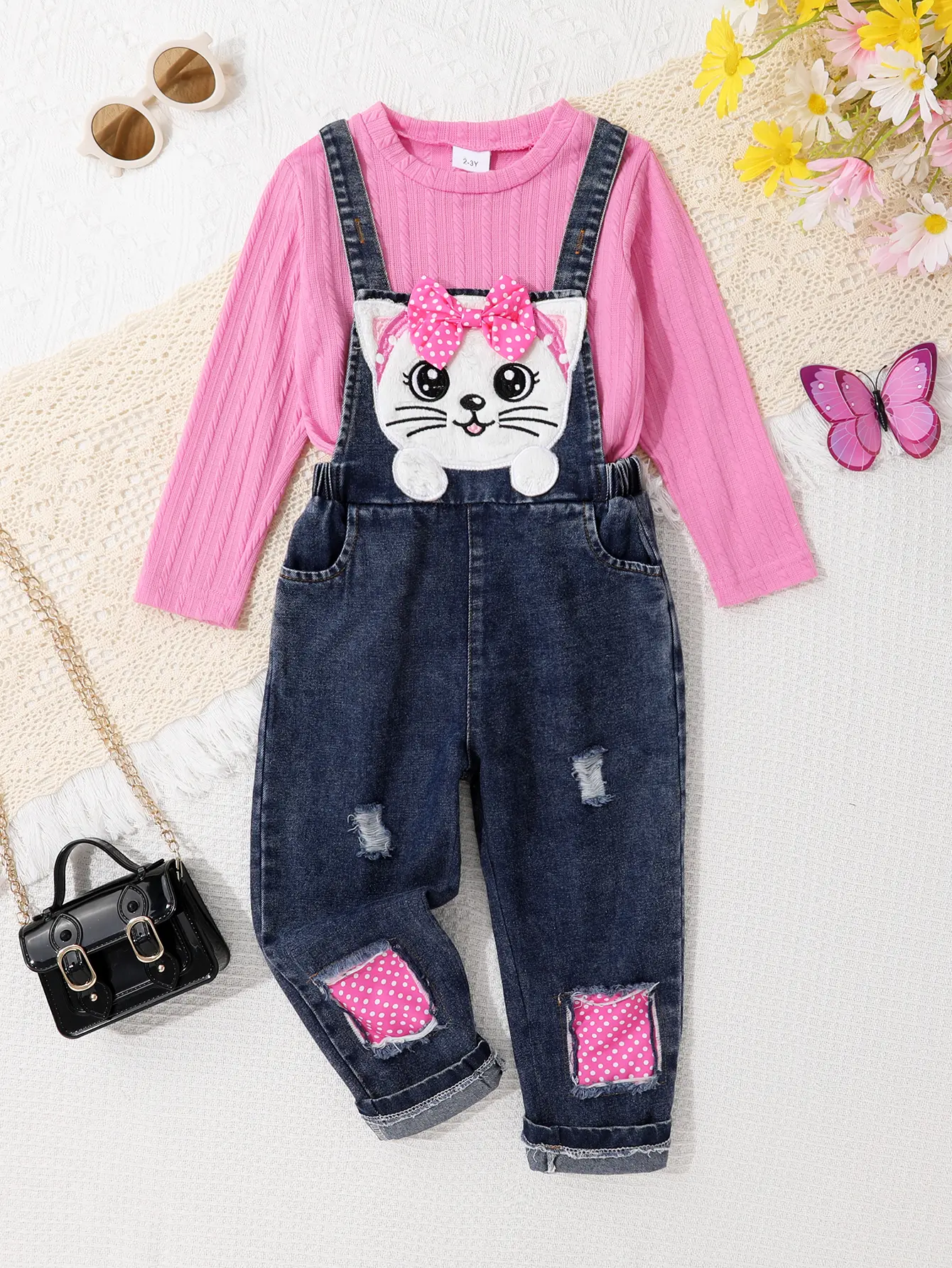 Sweet & Cute 2-Piece Set For Little Girls With 3D Cat Pattern Embroidery & Bow On Front Top & Denim Overalls Perfect For Casual Daily Wear Vacations & Parties