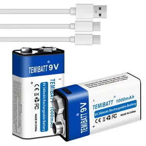 Temibatt 9v USB Rechargeable Battery, 1000mah High Capacity, Charging Battery, No Extra Charger Needed, Plug & Play, Ideal for Portable Devices, Rechargeable Lithium Batteries