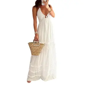 Women’s suspender long dress, elegant pleated, drawstring, flowy party dress for summer, low-cut, lace-up, sleeveless, cotton formal dress GARMENTARY