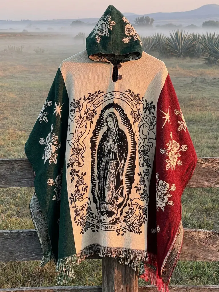 Virgen de Guadalupe Hooded Poncho, Alpaca Blend, Mexican Flag Colors, Unisex, hooded poncho, Mexico poncho, virgin mary poncho 2026