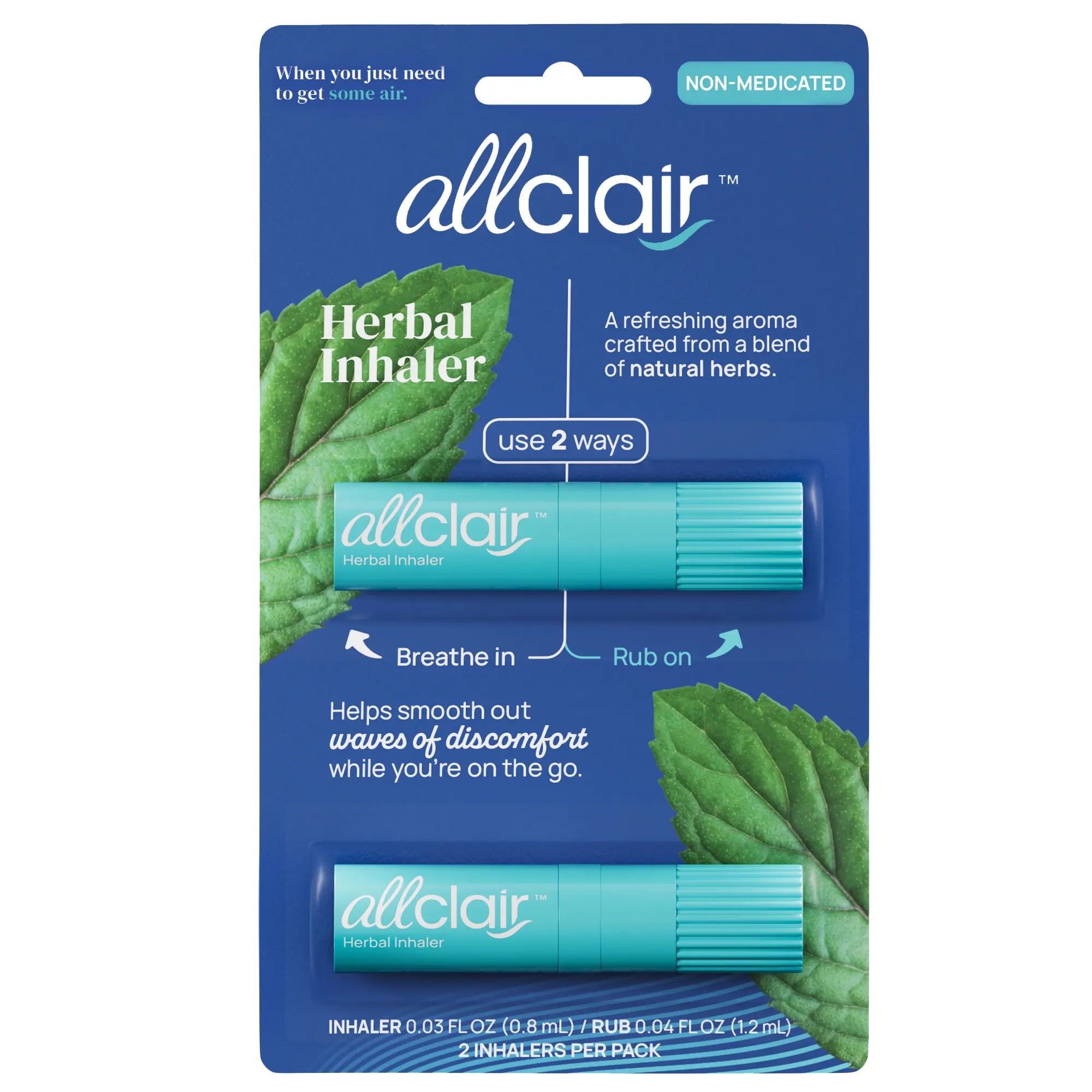 Allclair - Natural Non-Medicated Relief - Fast and Effective - Convenient and Portable - Safe for Anytime Use - Pack of 2 Inhalers