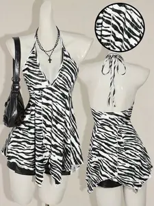 ICON Women's Summer Zebra Print Ruffled Hem Sexy Halter Neck Tank Top