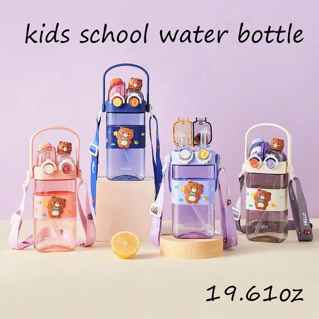 UFORU Cartoon Bear Kids Portable Insulated Water Bottle, 19 oz, Leak-Proof Pop-Up Lid, Dual Drinking Spouts (Including Straw), BPA-Free, Multi-Color for Ice & Fruit Drinks, Ideal Gift for Back to School & Birthdays
