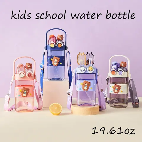 UFORU Cartoon Bear Kids Portable Insulated Water Bottle, 19 oz, Leak-Proof Pop-Up Lid, Dual Drinking Spouts (Including Straw), BPA-Free, Multi-Color for Ice & Fruit Drinks, Ideal Gift for Back to School & Birthdays