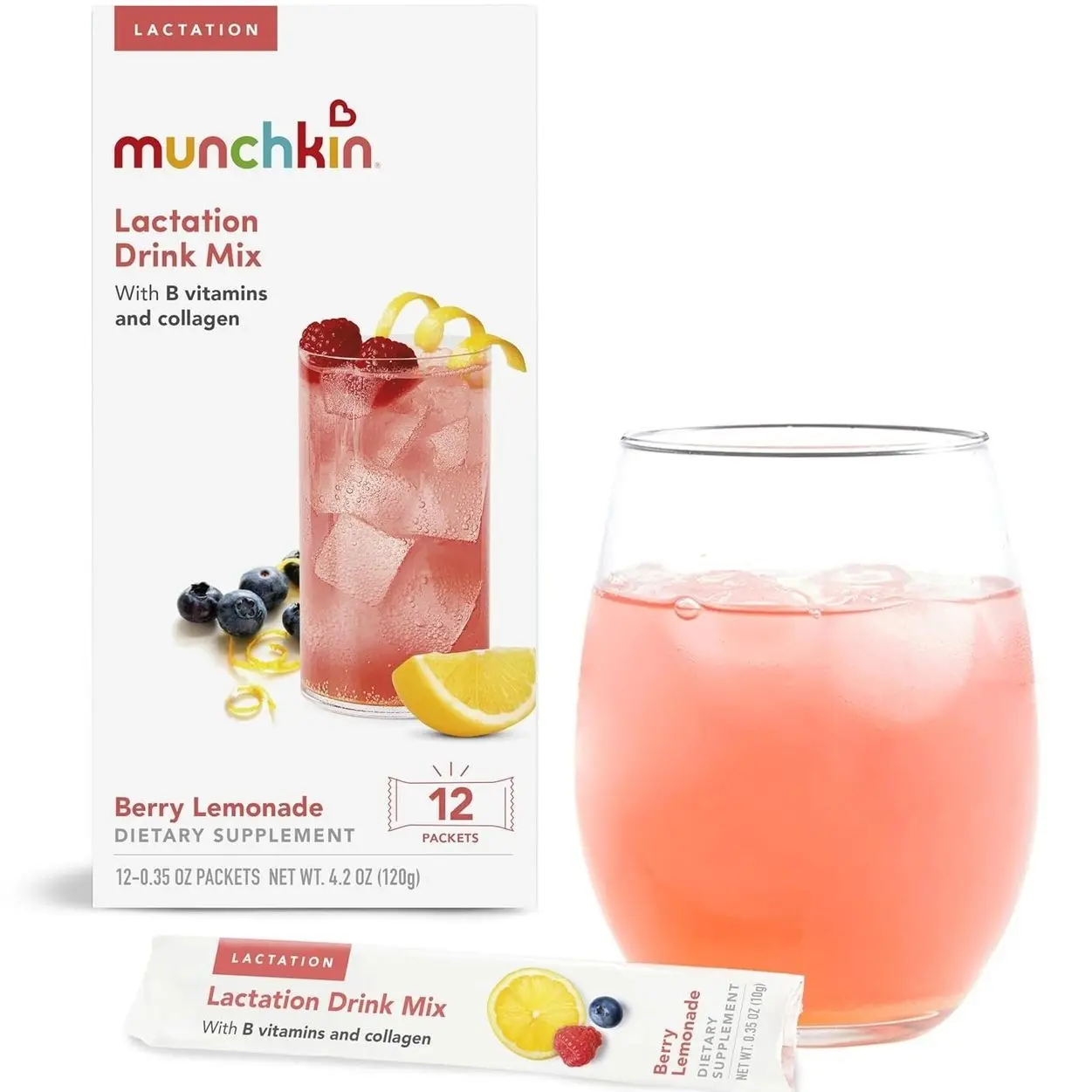 Munchkin Milkmakers Lactation Drink Mix Supplement with B Vitamins/Collagen/Fenugreek & Milk Thistle for Breastfeeding Moms, Berry Lemonade, 12 Count