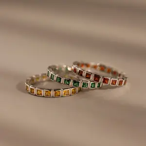 Eternity Bezel Birthstone Ring in Silver by Caitlyn Minimalist - Custom Square Gemstone Stacking Ring - Dainty Sterling Silver Jewelry - Anniversary Gift for Her