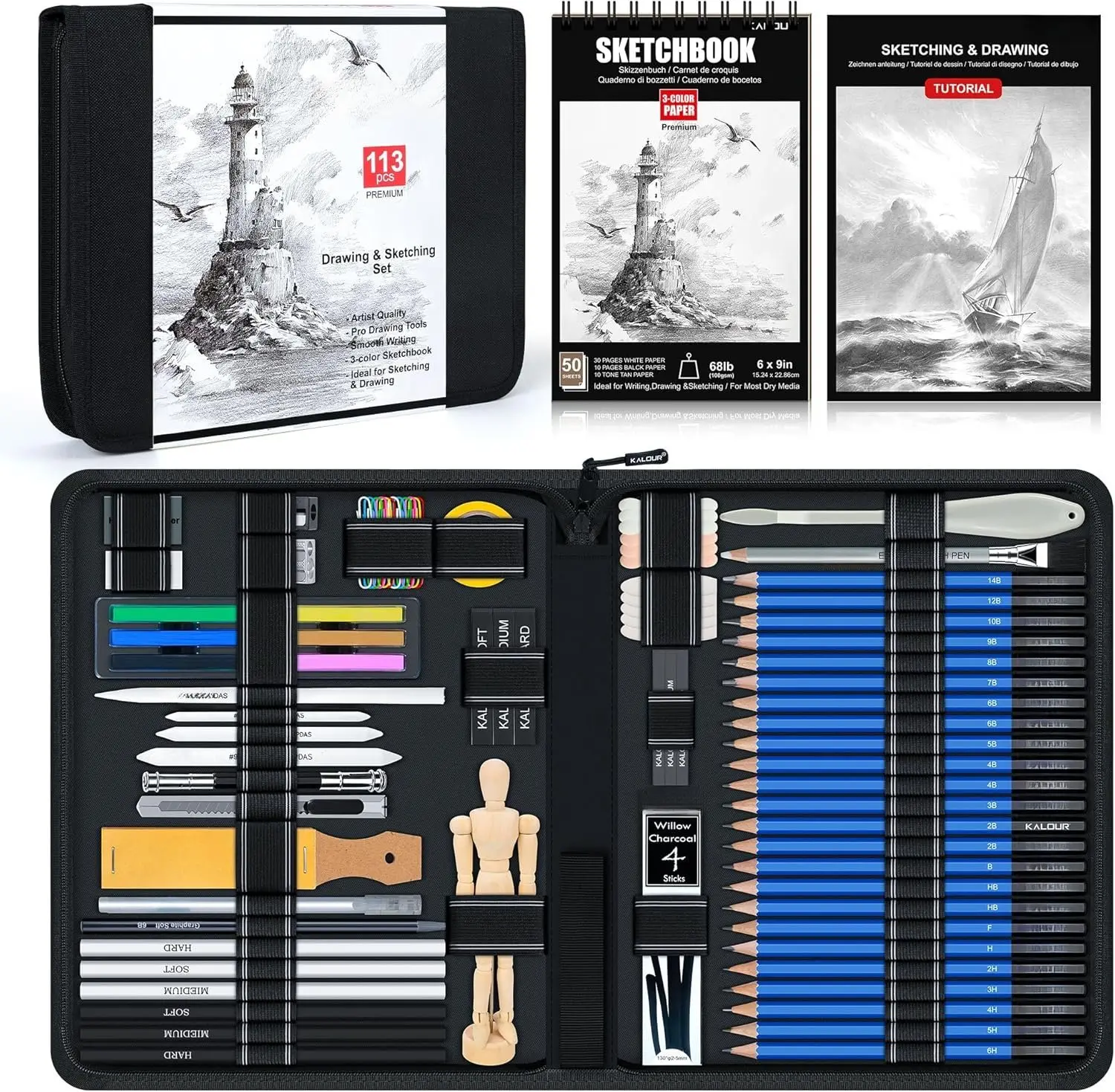 113-Count Professional Drawing Art Materials Set with 3-Color Art Sketchbook, 6H–14B Graphite Pencils, Charcoal Pencils, Wooden Mannequin, Tutorial-Included Sketching Tools in Zipper Case for Beginners (Office Stationery Bundle)