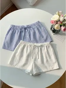 Women's Blue & White Striped Solid Color Casual Comfy Shorts Two-Piece Set, Elastic Waist Drawstring Summer Shorts Womenswear