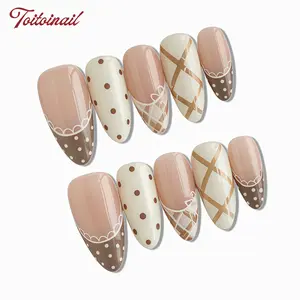 Latte Plaid Handmade Press-On Nails, Glossy False Nails, Short Almond Shape, 10pcs, Press On Sets, Spring Summer Trending Nude French & Plaid, Clean Girl Nails, High Gloss Mirror Finish, Reusable DIY Manicure Kit for Women Daily Wear