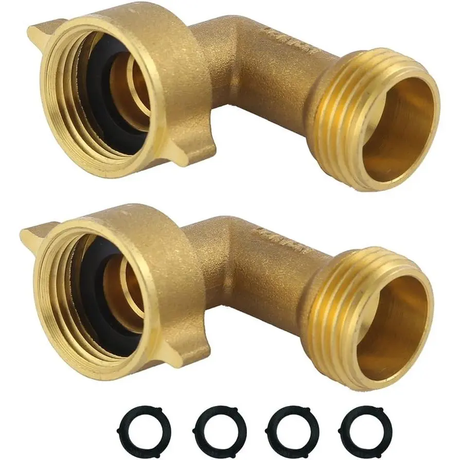 Durable 3/4 in Brass Garden Water Elbow Connector (2 Hose Elbows, 2pcs), Easy to Install, No Leaks, with Extra 4 Washers, Manufacturer Warranty