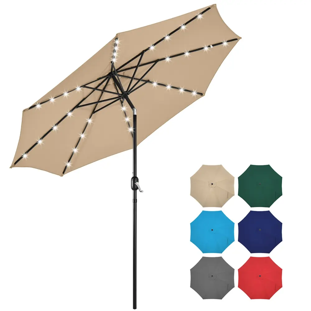 Yaheetech 9/10ft Solar Patio Umbrella, Outdoor Large Market Table Umbrella  Double-layer Cloth, Push-button Tilting, Outdoor Umbrellas
