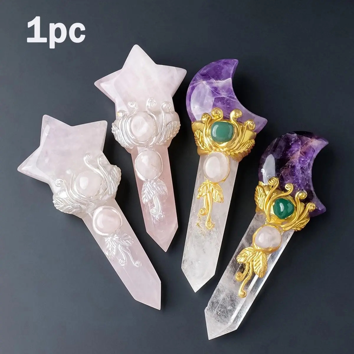 Mini Size Natural Crystal Moon Star Point Magic Scepter, Hand Selected Crystals, Boho Chic Crystal, Crystal Carvings, Healing Stones Fairy Wand, Party Halloween Decor, Quartz Crystals, Crystal Decorative Stones, Crystal Design