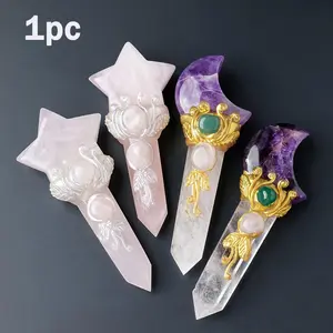 Mini Size Natural Crystal Moon Star Point Magic Scepter, Hand Selected Crystals, Boho Chic Crystal, Crystal Carvings, Healing Stones Fairy Wand, Party Halloween Decor, Quartz Crystals, Crystal Decorative Stones, Crystal Design