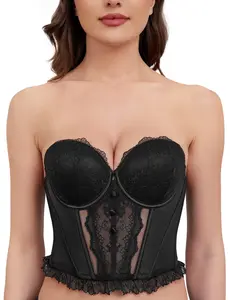 Wingslove Fashion Women's Strapless Bra Longline Lace Bustier Corset Push Up Boned Underwire Sexy Sheer Mesh Lace Trim Low Back Bra