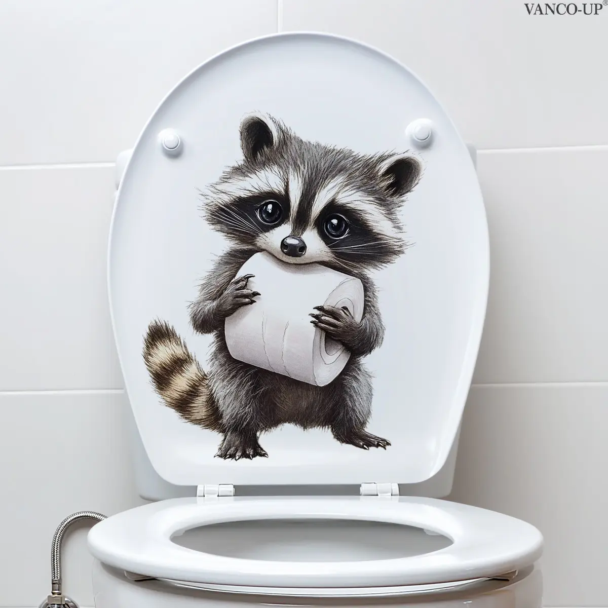 1 Pc 30×30cm 2D Flat Raccoon Holding Toilet Paper Toilet & Wall Sticker Self-Adhesive for Living Room Bathroom Decoration Accessories