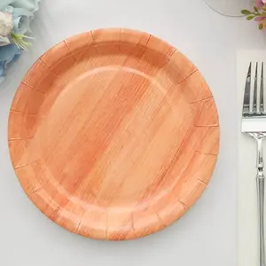 25-Pack Paper Round Dessert Plates 7" Natural Wood Grain Print - Rustic Farmhouse Style Disposable Appetizer Salad Plates